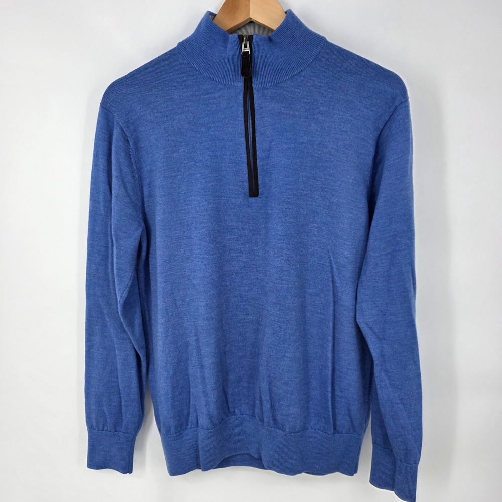 Orvis Merino Wool Quarter Zip Sweater Mens M Blue Heather Mock Neck Fly Lure - Picture 2 of 7